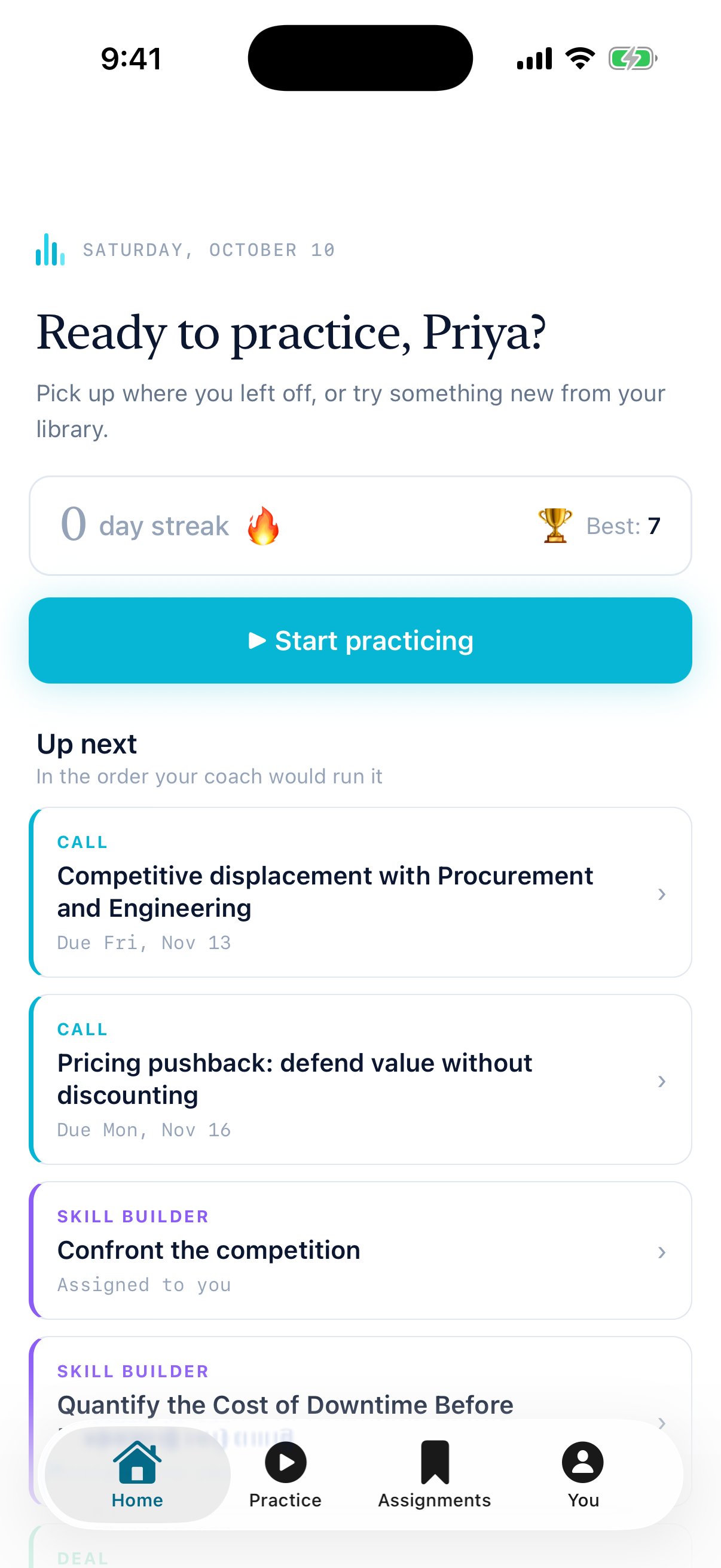FirstPass mobile: home screen with practice streak and assignments